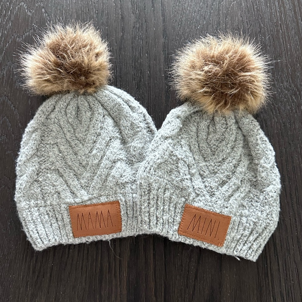 Rae Dunn Gray Knit Beanie Set with Brown Pom-Poms Mama & Mini
